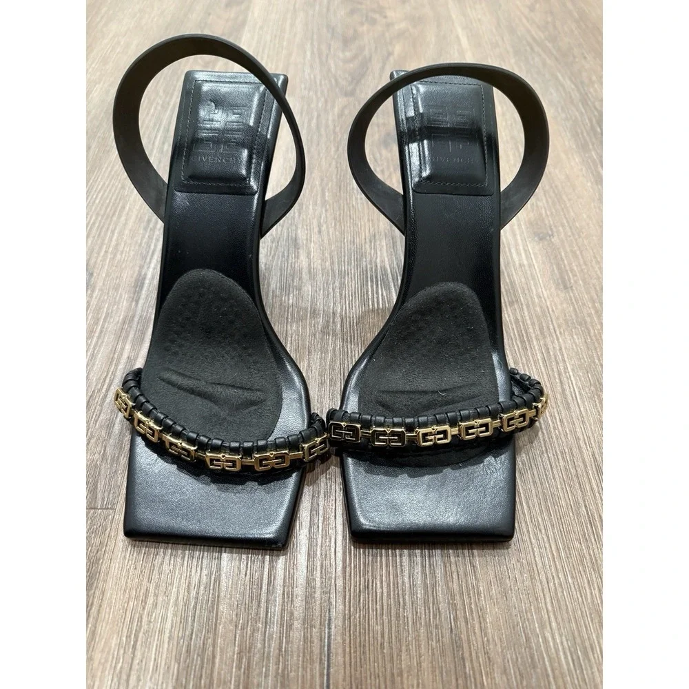 GIVENCHY	Black G Gold Logo Open Toe Woven Strap Leather Slingback Sandal Heel 39 - Picture 2 of 9